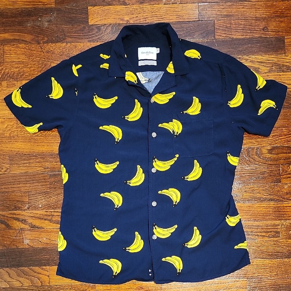Goodfellow & Co Navy Blue with Yellow Banana Print Casual Button Down Shirt